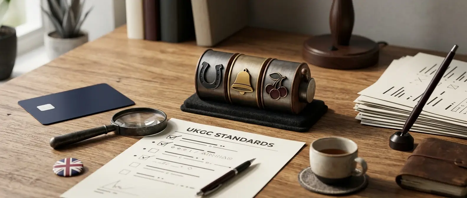 Editorial casino review desk with abstract reels, payment cards and a verification checklist