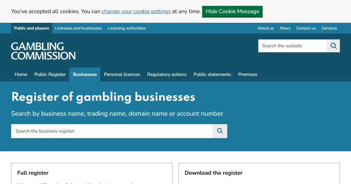 Gambling Commission public business register interface used to check Bounty Reels licence status
