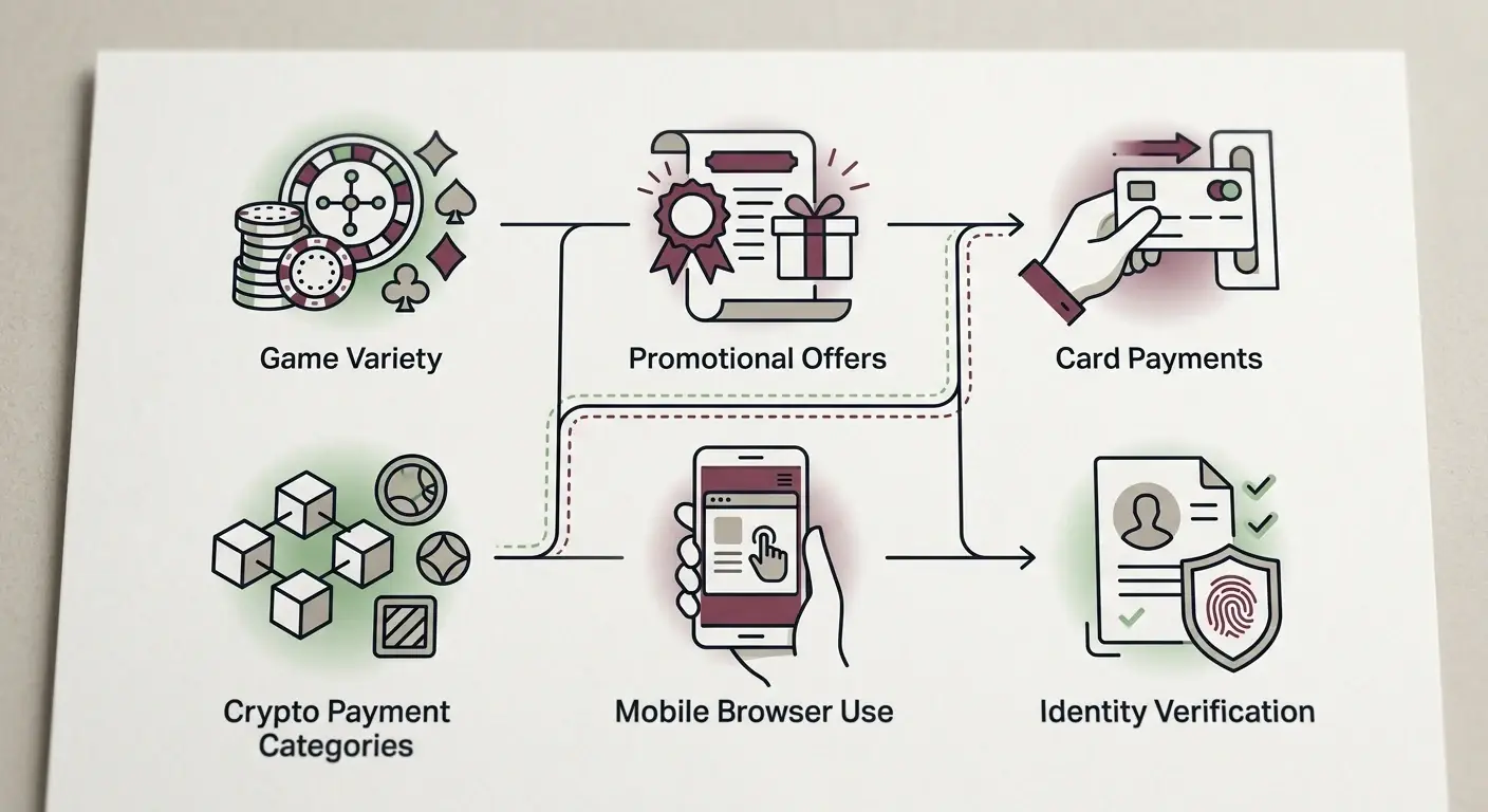 Editorial decision matrix for games, bonuses, payments, mobile access and verification checks