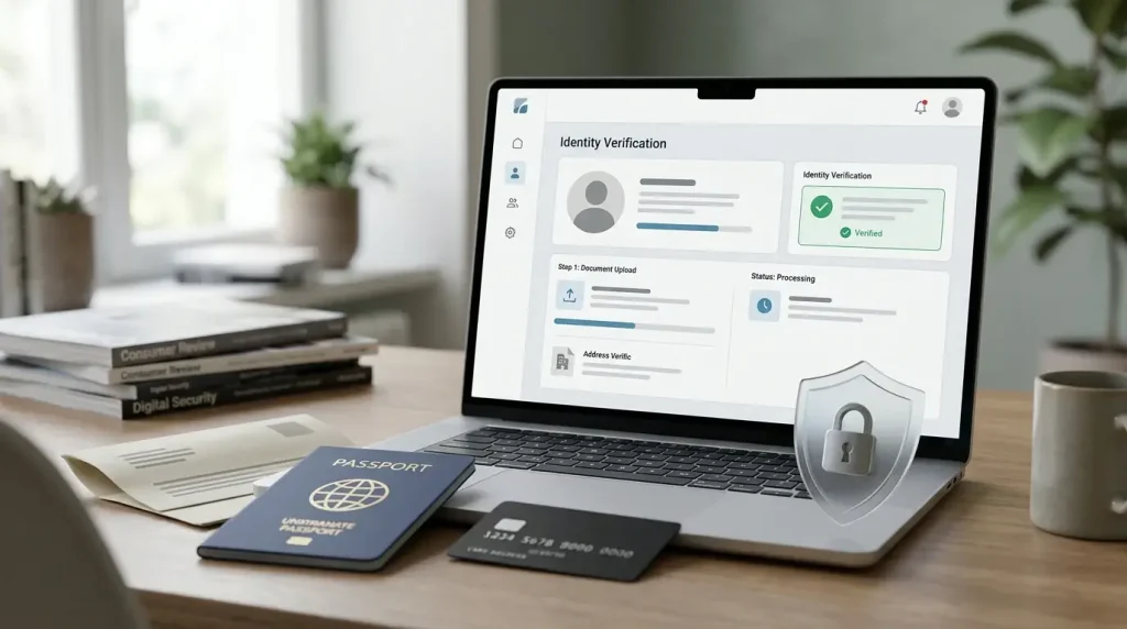 Generic identity document checklist with secure upload and masked payment card symbols