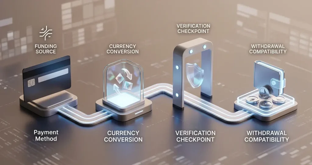 Editorial payment flow showing a generic bank card, digital tokens, currency check and verification checkpoint