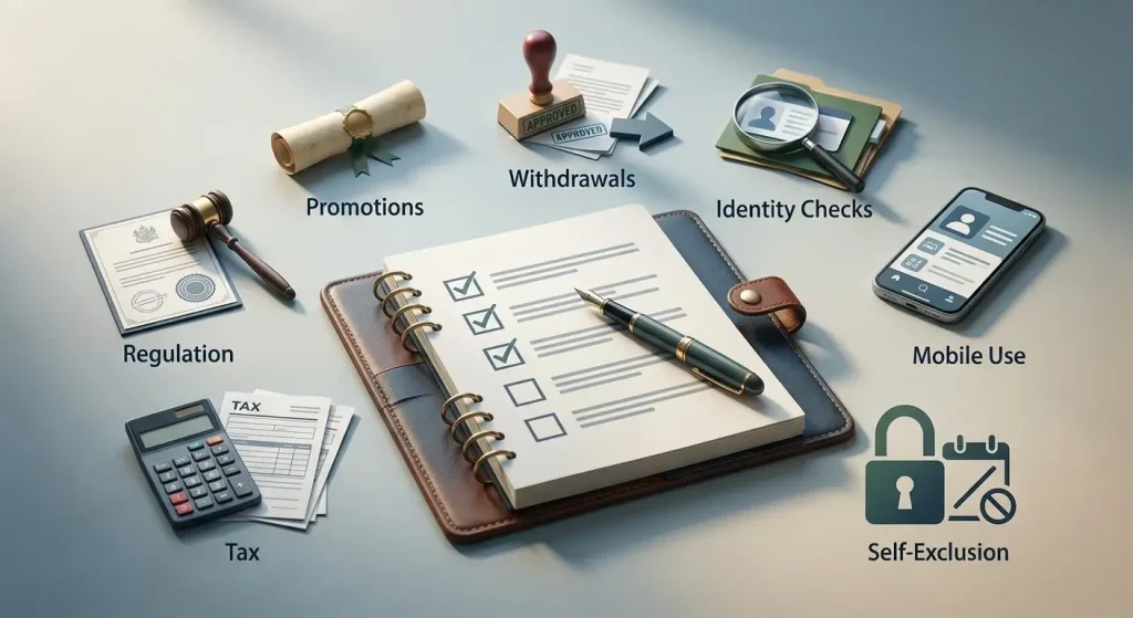 Editorial checklist with licence, bonus, payment, KYC, mobile, self-exclusion and tax symbols