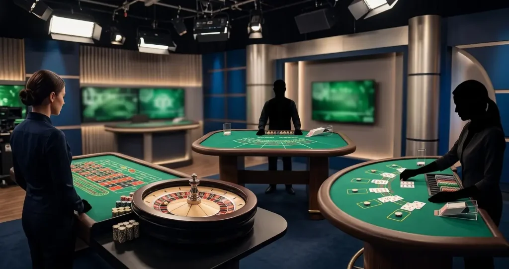Neutral live casino studio with generic dealer tables and no brand logos