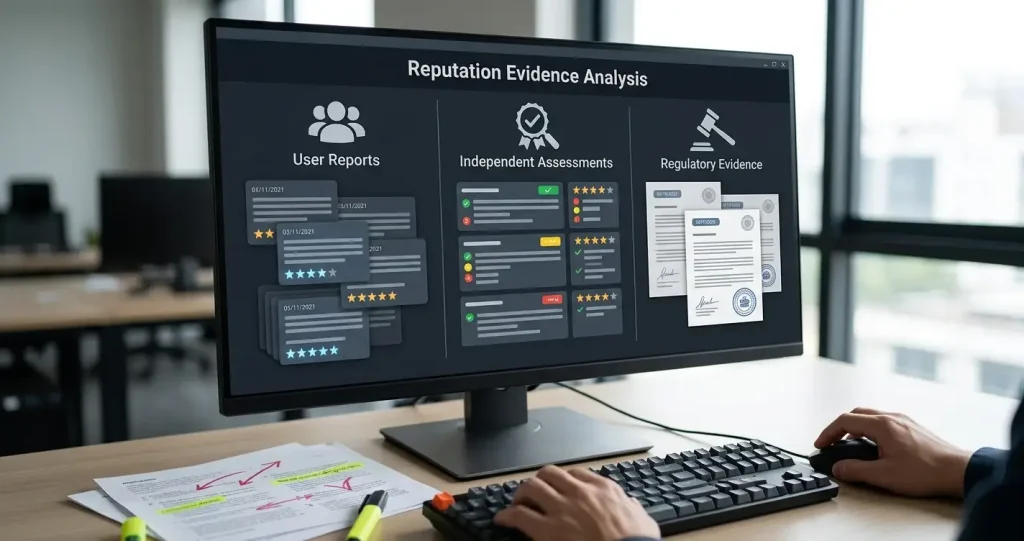 Neutral reputation dashboard with review symbols, complaint categories and date markers